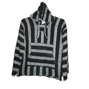 Vintage Artesanias Vega Hoodie Men Large Black White Drug Rug Baja Hippie Beachy